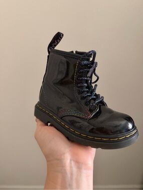 Dr. Martens Kids Black Patent Leather Lace-Up Boot with Rainbow Stitching